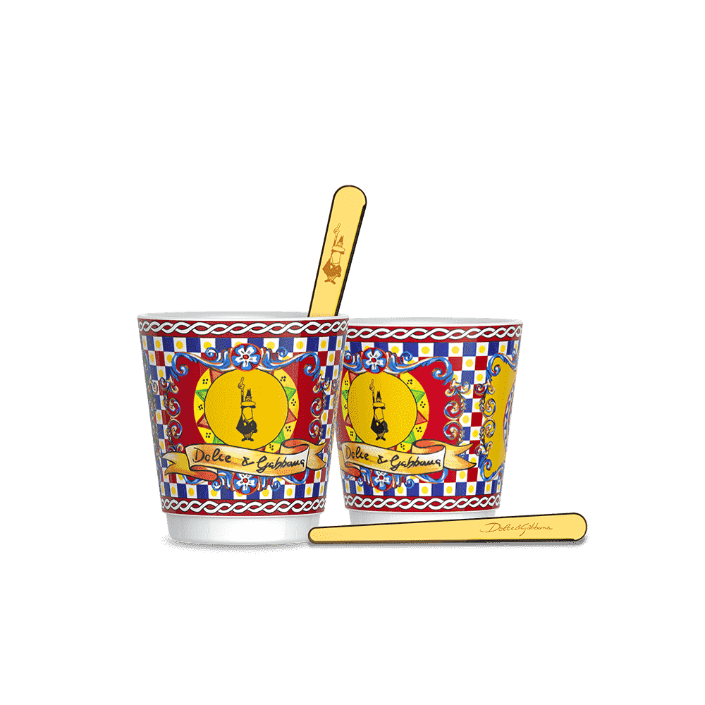 Set 2 porcelain cups and 2 golden stirrers Bialetti Sicilian Cart