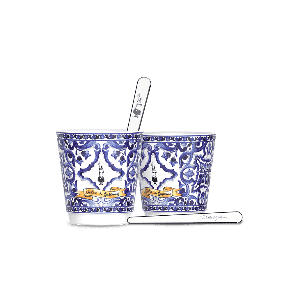 Set 2 porcelain cups and 2 silver stirrers Blu Mediterraneo