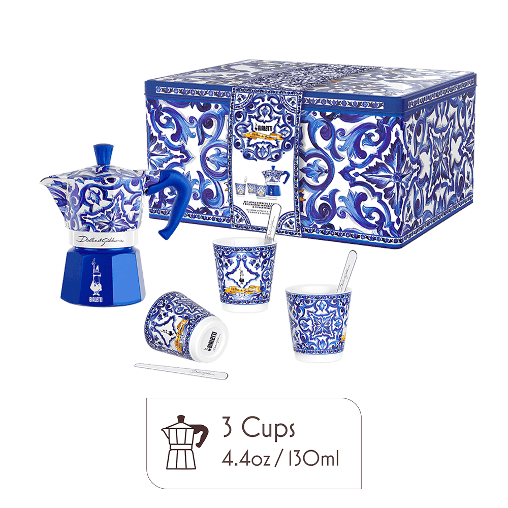 Dolce & Gabbana Gift Set – 3-Cup Moka Pot + 3 Cups & Stirrers - Blu Mediterraneo