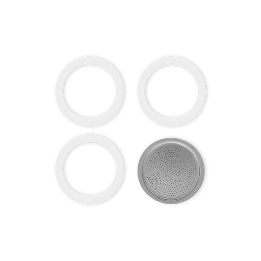 3 rubber gaskets and 1 filter plate for 6-cup Moka pots.